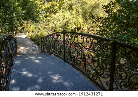 An iron bridge with wrought iron railings stands on an artificial stream in the shade of trees in the Botanical Garden in the suburbs of Tehran


