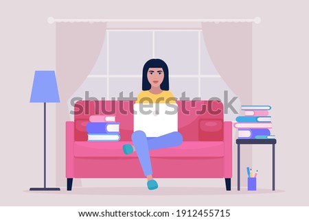Workflow illustration. Young woman works at home with a laptop. Freelancer works on the couch. Communication in social networks, mail, online meeting, video call. Vector illustration in a flat style