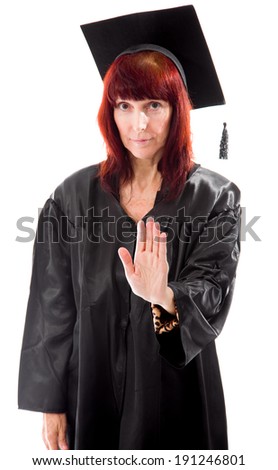 Mature student making stop gesture sign
