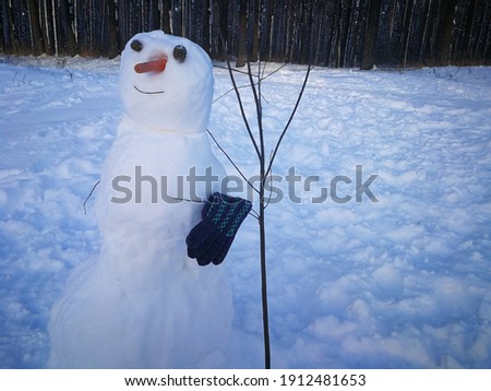 Snowman closup in a winter day in countryside landscape