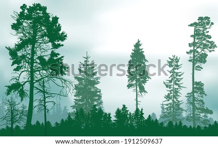 illustration with green forest on light sky background