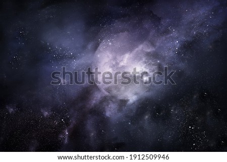 The Universe: the starry sky, a bright star, nebula and a planet surrounded by a glowing atmosphere.