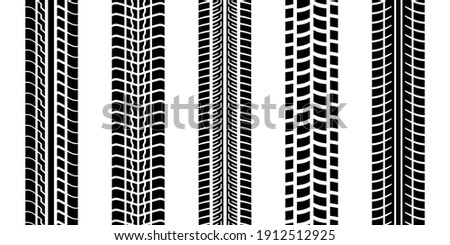 Tire trace track, wheels braking distances, tread silhouettes brushes, isolated car or motorcycles vector trails Royalty-Free Stock Photo #1912512925