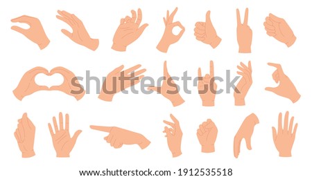 Hands holding gestures. Elegant female and male hand showing heart, ok, like, pointing finger and waving palm. Trendy hands poses vector set. Body language signs and symbols for communication Royalty-Free Stock Photo #1912535518