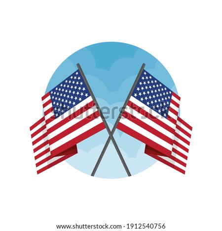 Two crossed United States (USA) national flag on isolated white background. Waving American Flag in flat style. Vector illustration.