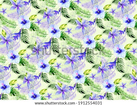 yellow background. colorful flower and leaf pattern.