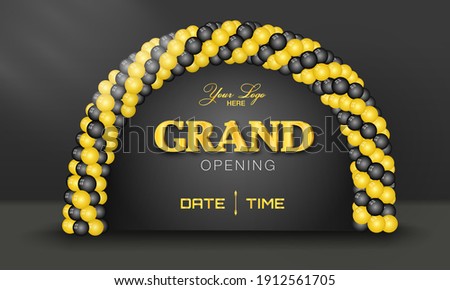 Grand Opening Business Template for banner and advertisement with balloon arch, gold colored text with the place for your logo and time, date vector illustration