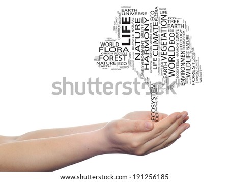 Concept or conceptual black text word cloud tree in man or woman hand isolated on white background, metaphor to nature, ecology, green, energy, natural, life, world, global, protect or environmental