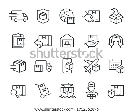 Delivery icons set. Collection of simple linear web icons such as Shipping By Sea Air, Delivery Date, Courier, Warehouse, Return Search Parcel, Fast Shipping and others Editable vector stroke. Royalty-Free Stock Photo #1912562896