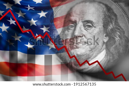 Collapse of US stock market due market manipulation. Concept of problems due to short position manipulation. Falling chart and US flag as symbol of approaching crisis. Trading short positions in USA Royalty-Free Stock Photo #1912567135