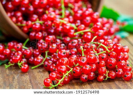 Red currant berries are spilling out from the bowl on a wooden table in rustic style. Redcurrant. Selective focus. Royalty-Free Stock Photo #1912576498