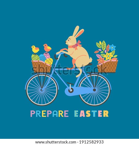 Cute Easter Rabbit on Bicycle with Eggs in basket vector background. Funny Bunny, Chicken cartoon illustration. Happy Easter spring holiday greeting card. Festive seasonal celebration design template