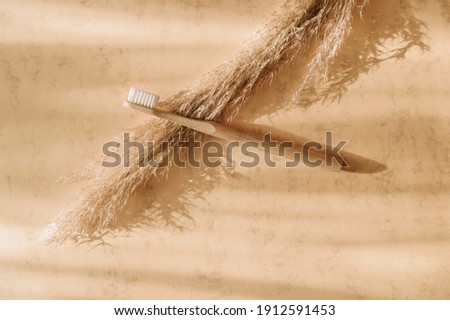 Bamboo toothbrush and pampas grass on beige background. Zero waste, eco friendly cosmetics concept. Vintage color filter