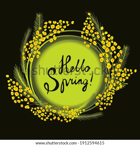 Postcard March 8. Mimosa branches. Hello Spring. Vector illustration