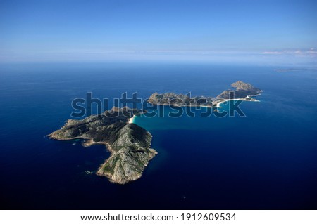 aerial view of the cies islands and the ria de vigo Royalty-Free Stock Photo #1912609534