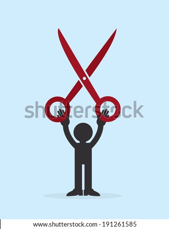 Figure holding up large red scissors 