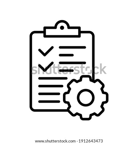Clipboard and gear icon. Project management concept line style. Technical support check list with cog. Software development concept. Vector illustration for web and app. EPS 10 Royalty-Free Stock Photo #1912643473