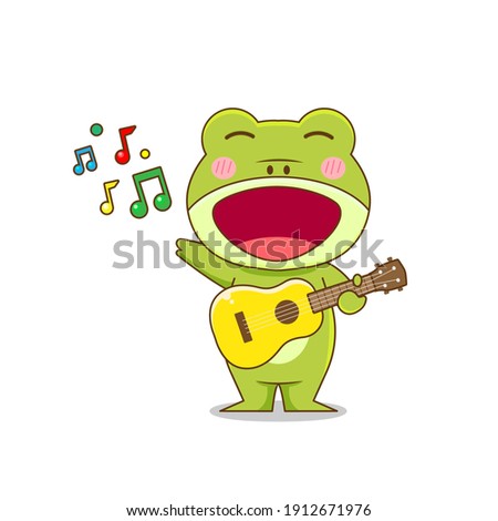 Cute frog playing guitar. Vector illustration of chibi character isolated on white background.