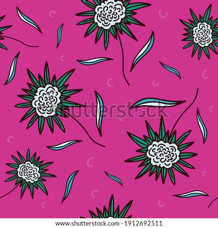 Seamless pattern with gerberas and leaves on bright background. Marimekko style. The modern botanical vector illustration for surface design, print, fabric, packaging design, labels.