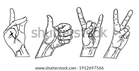 Signs, gestures with hands. Hand wrist gesture black engraving icon set with thumb up, victory, rock and roll and other gestures vector sketch illustration