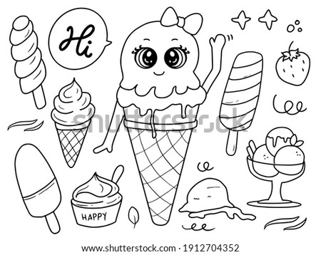 Cute happy ice cream doodle drawing coloring page illustration cartoon for kids collection set