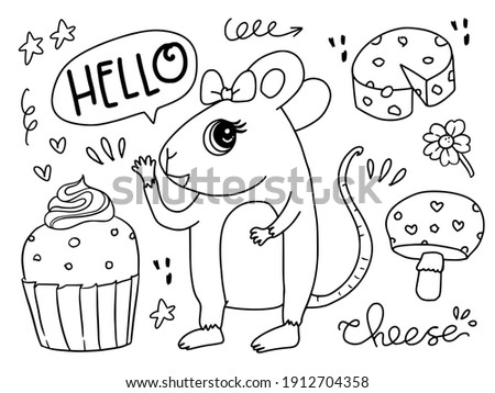 Cute baby mouse say hello doodle drawing coloring page illustration cartoon for kids collection set