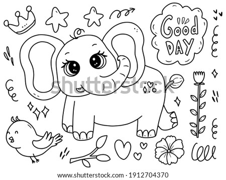 Cute baby elephant with bird doodle drawing coloring page illustration cartoon for kids collection set