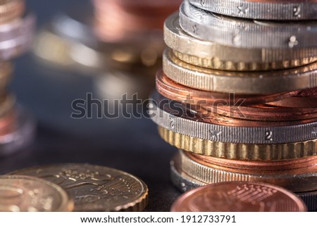 Extreme close-up of stacked up Euro coins, Out of focus and in focus Money Coins Royalty-Free Stock Photo #1912733791