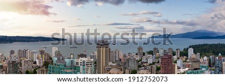 Aerial Panoramic View of the beautiful modern downtown city. Sunset Sky Art Render. Vancouver, British Columbia, Canada. Cityscape Panorama