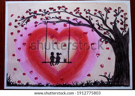 Couple Swing on love tree, Valentine day Special scenery Drawing, Painting Art Abstract background