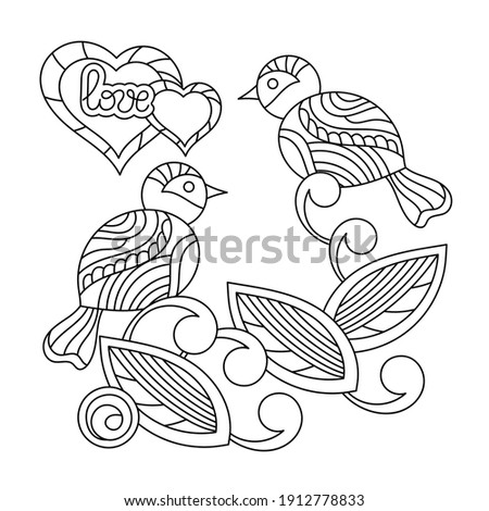 Two birds, hearts. Love, Hand lettering . Vector illustration for greeting card for Valentine's Day, Mother's Day, Birthday