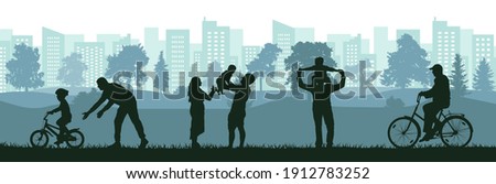 Lifestyle of people, silhouette of happy family, man, woman and child, old man. Learning child to ride bicycle by father, active sport life of elderly man, birth baby on family. Vector illustration. Royalty-Free Stock Photo #1912783252