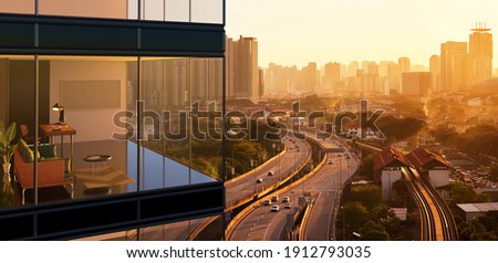 Panoramic view of beautiful sunset cityscape with modern 3d rendering office exterior of skyscraper.