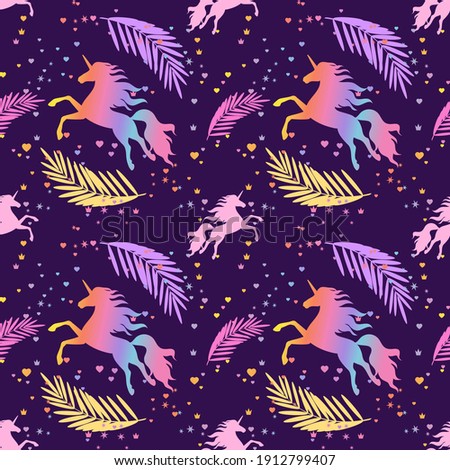 Seamless rainbow pattern with flying unicorns, hearts, crowns and stars on a dark background. For the design of wrapping paper, textiles. Silhouette of a flying, jumping unicorn.