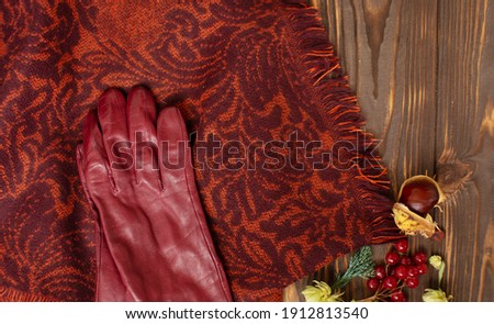 Spring clothes  on a wooden background. Leather gloves.