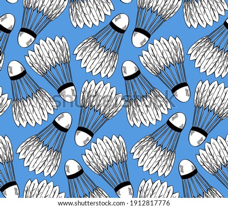 Seamless pattern with a sketch of shuttlecocks for playing badminton on blue background. Sports equipment. Vector black and white texture with strokes for fabric, wallpaper, wrapping paper