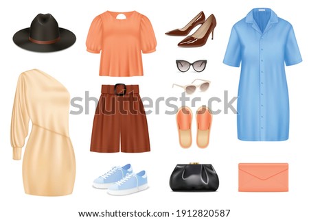 Women fashion realistic color set with clothes and accessories isolated vector illustration Royalty-Free Stock Photo #1912820587