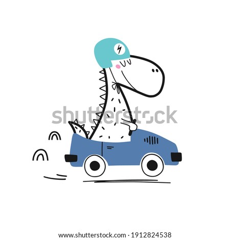 Cute dino traveling in red in a blue sport car. Vacation travel concept. Vector illustration for kids. Can be used for shirt design, fashion print design, kids wear, greeting card.