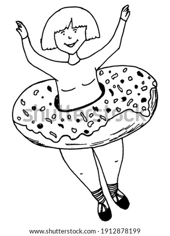 Ballerina in donut. Hand drawn, doodle, vector illustration. Motives of art, humor, fat and fit. Can be used for printing. coloring book and web design