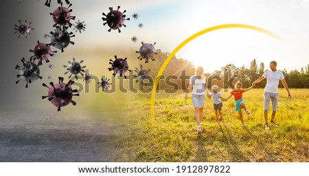 Strong immunity - healthy family. Happy parents with children protected from viruses and bacteria, illustration Royalty-Free Stock Photo #1912897822