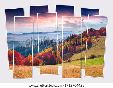 Isolated eight frames collage of picture of autumn morning in mountain valley. Fantastic sunrise in Carpathian mountains. Mock-up of modular photo.

