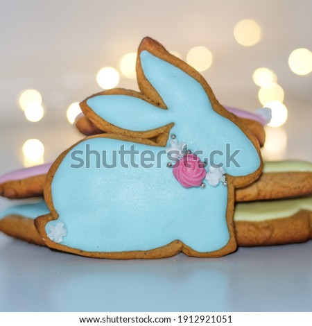 Easter bunny festive sweet gingerbread cupcake, cookies. A cup of coffee and a delicious gingerbread is a wonderful dessert