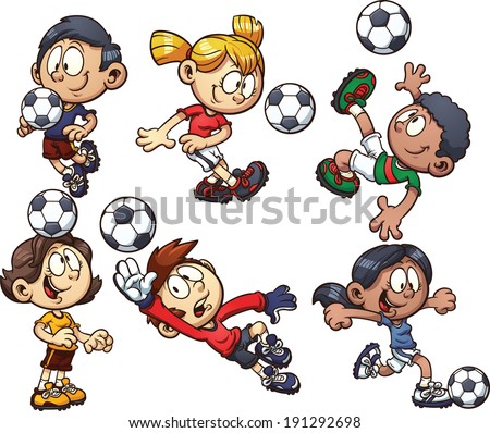 Cartoon soccer kids. Vector clip art illustration with simple gradients. Each on a separate layer.