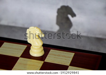 Chess piece white knight and its shadow in profile. Romance of chess as a sport. Conceptual photography. Selective soft focus.