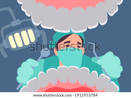 Dentist with tools in hands examines teeth. Patient mouth inside view checkup. Teeth examination dentistry concept. Vector hand drawn illustration in trendy flat style. 