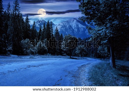 asphalt road through forested mountains at night. beautiful countryside transportation background. composite summer landscape with high tatra ridge in the distance in full moon light