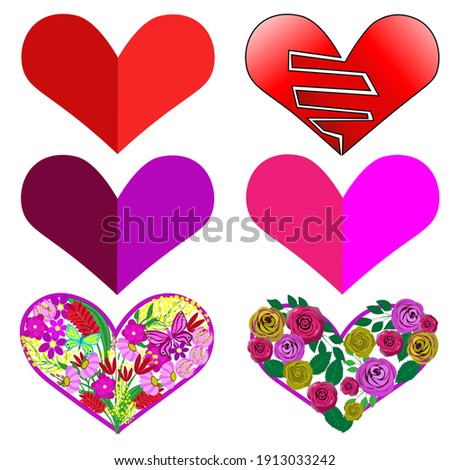 Clip art, vector, different colourful hearts, with flowers and butterflies on white background.