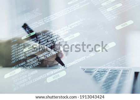 Abstract creative coding illustration with hand writing in diary on background with laptop, software development concept. Multiexposure