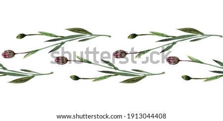 Watercolor seamless border with twigs, leaves, buds and flowers of the cornflower plant