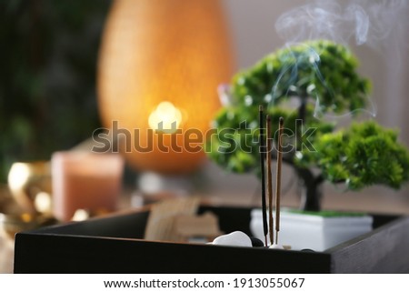 Miniature zen garden with smoldering incense sticks, closeup. Space for text